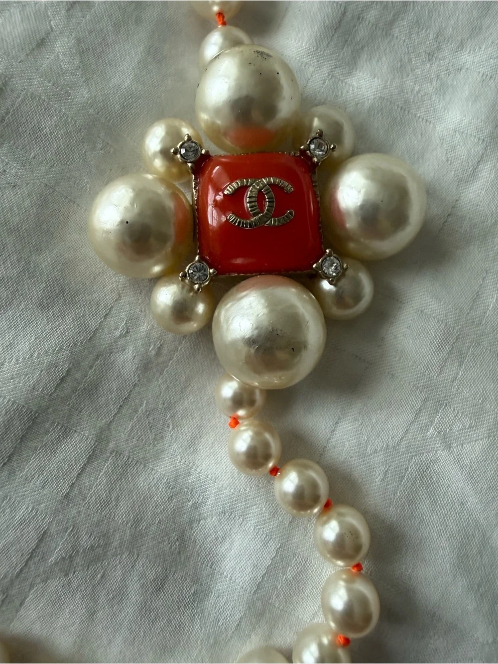 CHANEL Ivory Pearl Multi-Strand Necklace with Red Center and Crystal CC